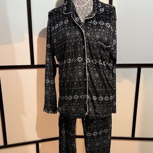 Laura Ashley Black Pajama Set with White Floral Design